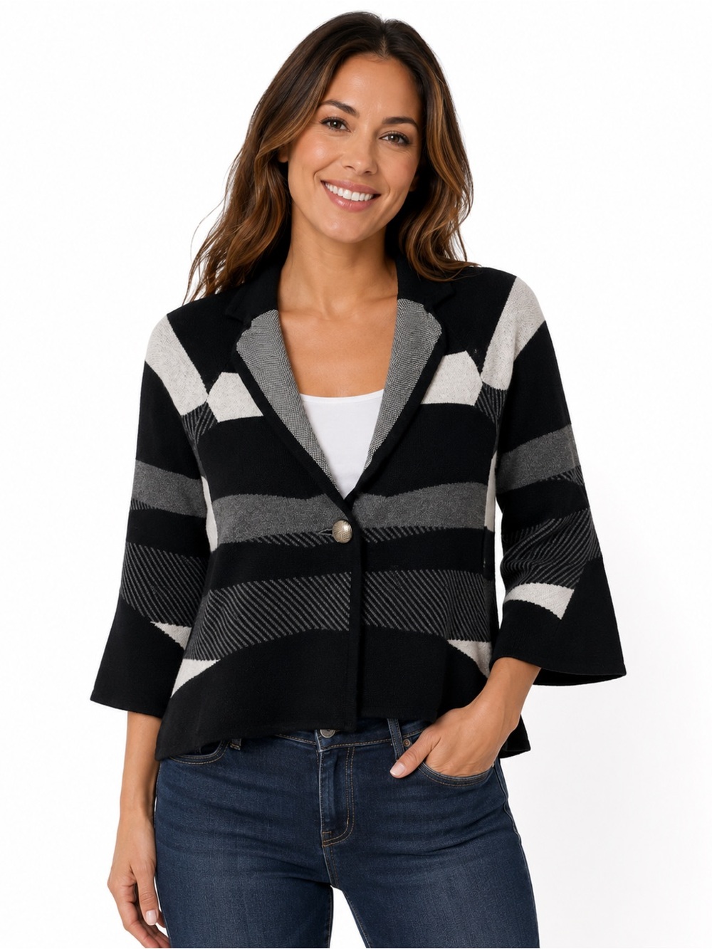 Striped Black & Gray Knit Blazer Sweater - Women’s - 1030